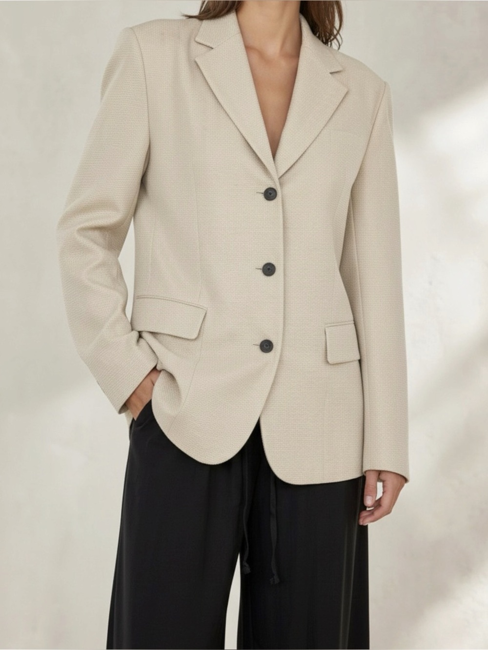 FRANKIE SHOP Orion Crinkled Faux Leather Oversized Blazer, Cream, Small